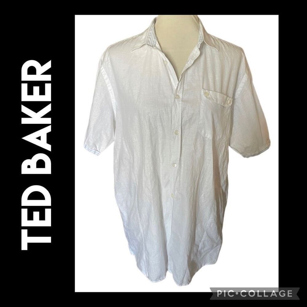 Ted Baker Men's White Linen Short Sleeve  Button-Down Shirt Size 5